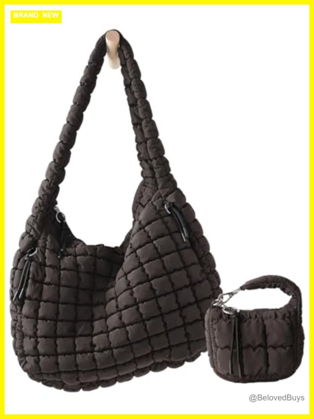 Quilted Puffer Tote Bag with Mini Pouch Nylon